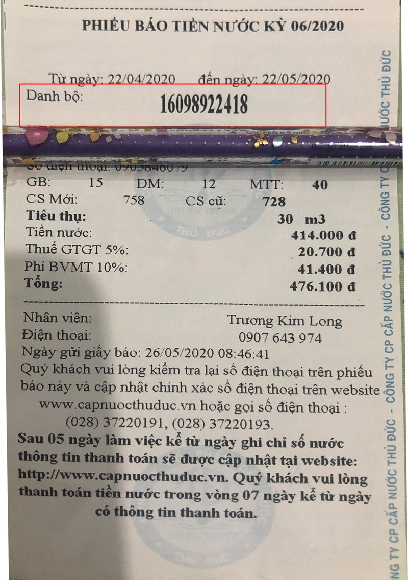 Mã danh bộ hóa đơn nước Mã danh bộ hóa đơn nước