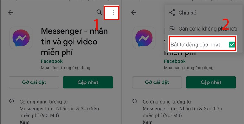 Chọn biểu tượng 3 chấm và tick vào Tự động cập nhật Chọn biểu tượng 3 chấm và tick vào Bật tự động cập nhật