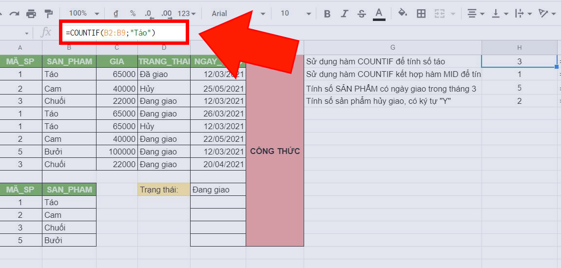 Sử dụng hàm COUNTIF để tính số Táo