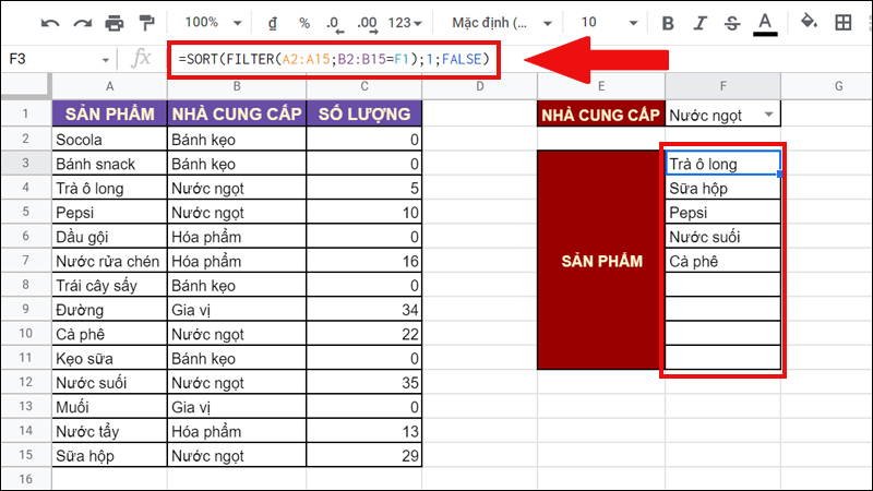 Kết hợp hàm SORT và hàm FILTER