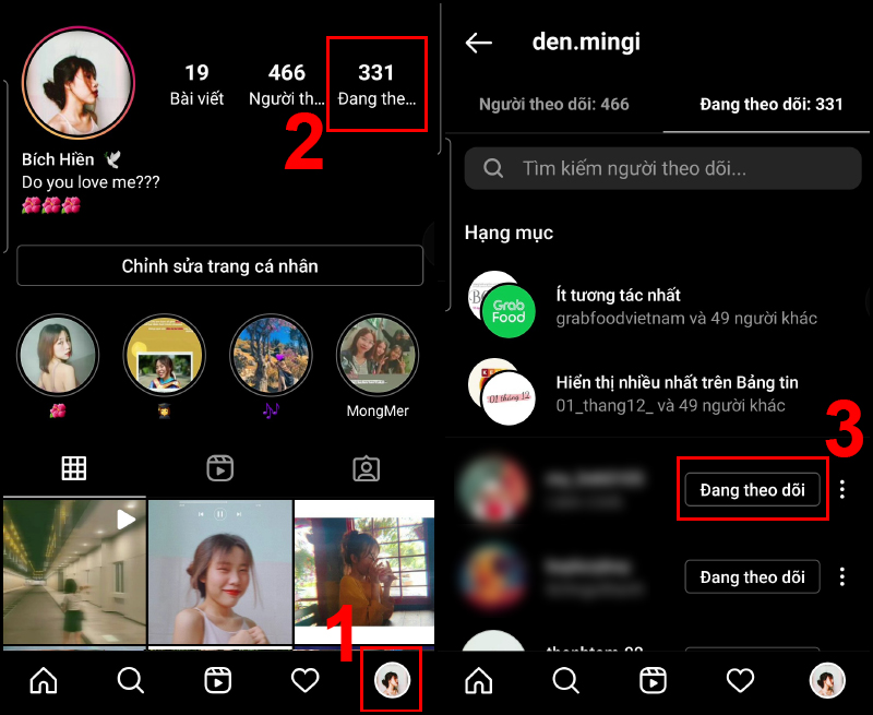 Thao tác xóa người theo dõi trong danh bạ đang theo dõi trên điện thoại Android