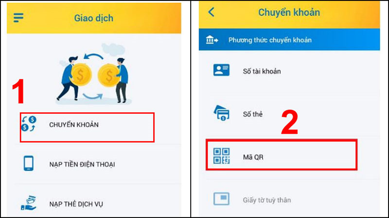 Chọn tính năng chuyển khoản MÃ QR
