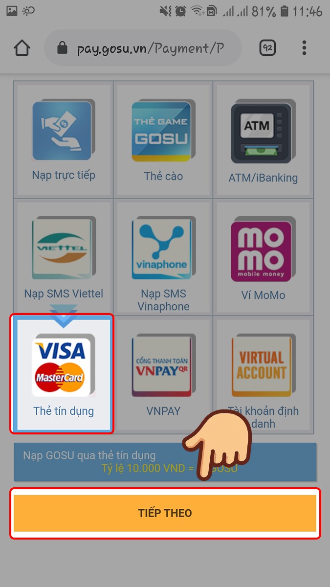 Chọn Thẻ tín dụng và chọn TIẾP THEO Chọn Thẻ tín dụng và chọn TIẾP THEO