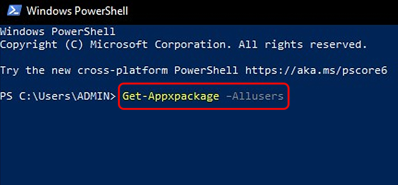 Gõ dòng lệnh Get-AppxPackage - Allusers