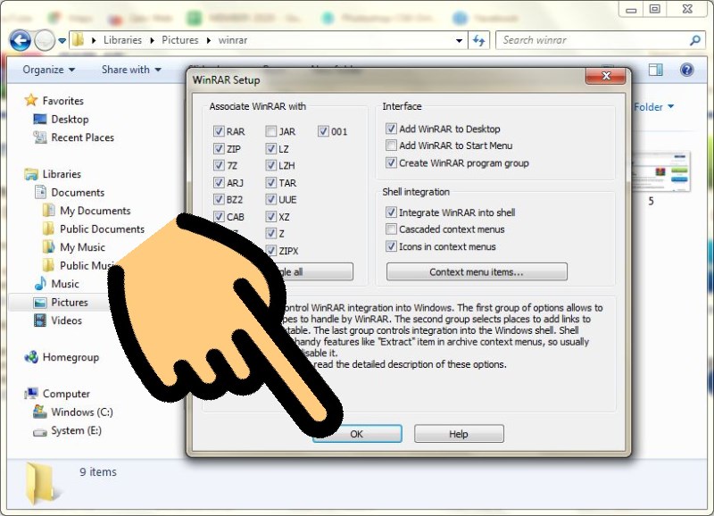 Chọn dạng file liên kết với WinRAR và nhấn OK Chọn dạng file liên kết với WinRAR và nhấn OK