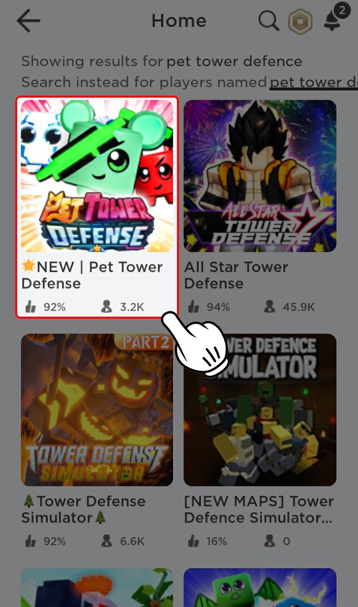 Vào Roblox tìm và chọn Pet Tower Defense. Vào Roblox tìm và chọn Pet Tower Defense.