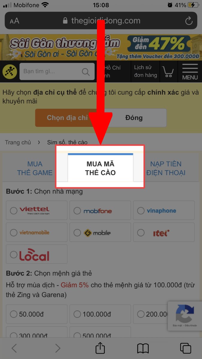 Chọn mục Mua mã thẻ cào Chọn mục Mua mã thẻ cào