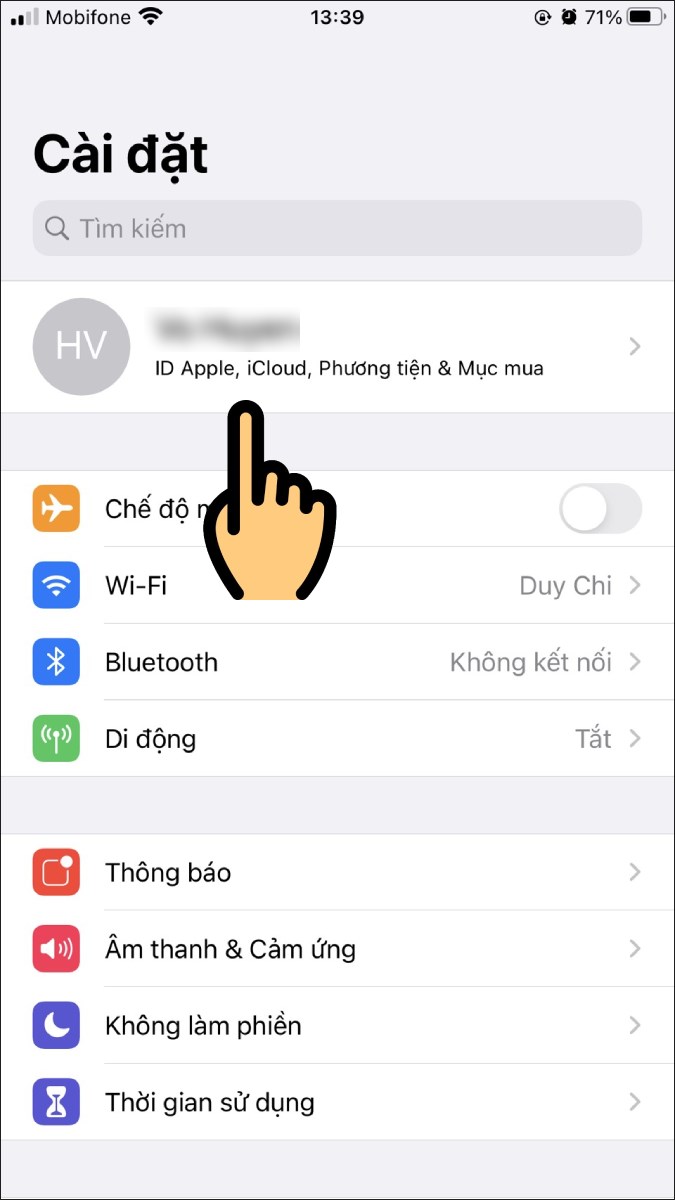 Chọn mục ID Apple, iCloud, Phương tiện & Mục mua Chọn mục ID Apple, iCloud, Phương tiện & Mục mua