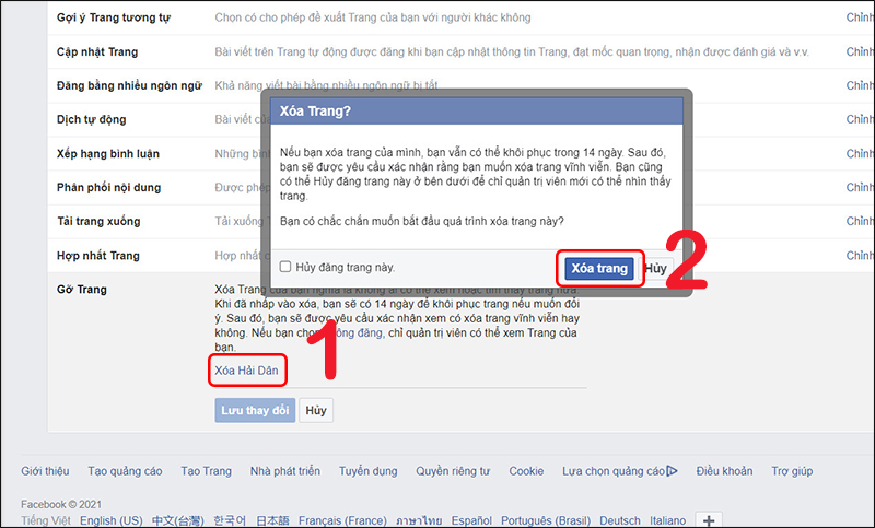 Xóa trang Facebook