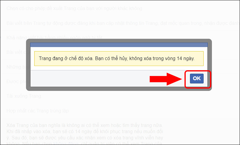 Xác nhận xóa trang thành công