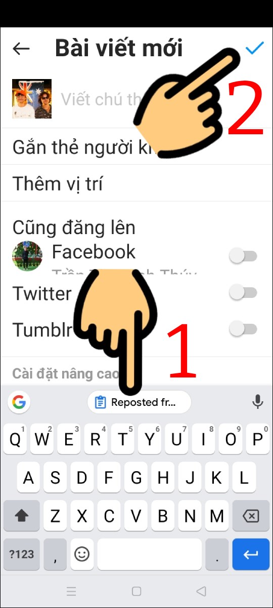 Nhấn vào Reposted fr... và biểu tượng dấu v. Nhấn vào Reposted fr... và biểu tượng dấu v.