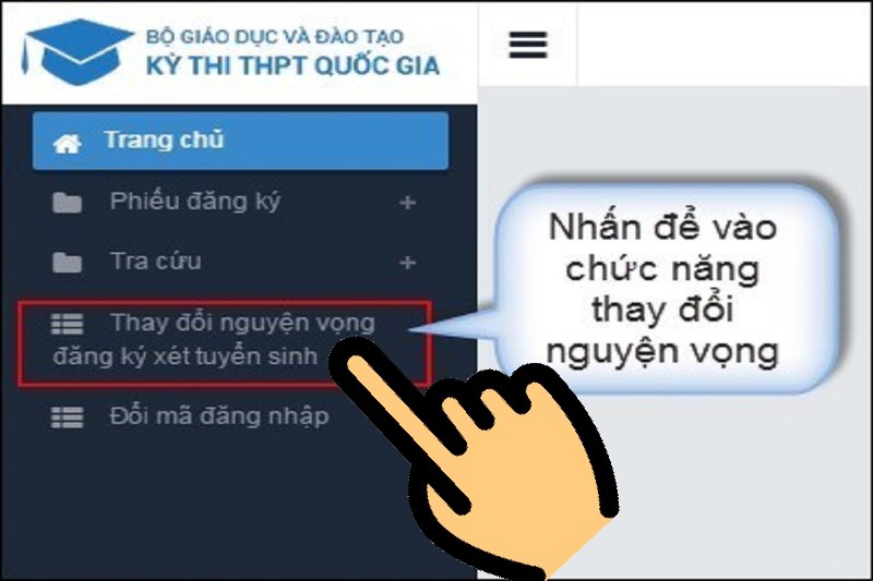 Chọn mục Thay đổi nguyện vọng đăng ký xét tuyển sinh Chọn mục Thay đổi nguyện vọng đăng ký xét tuyển sinh