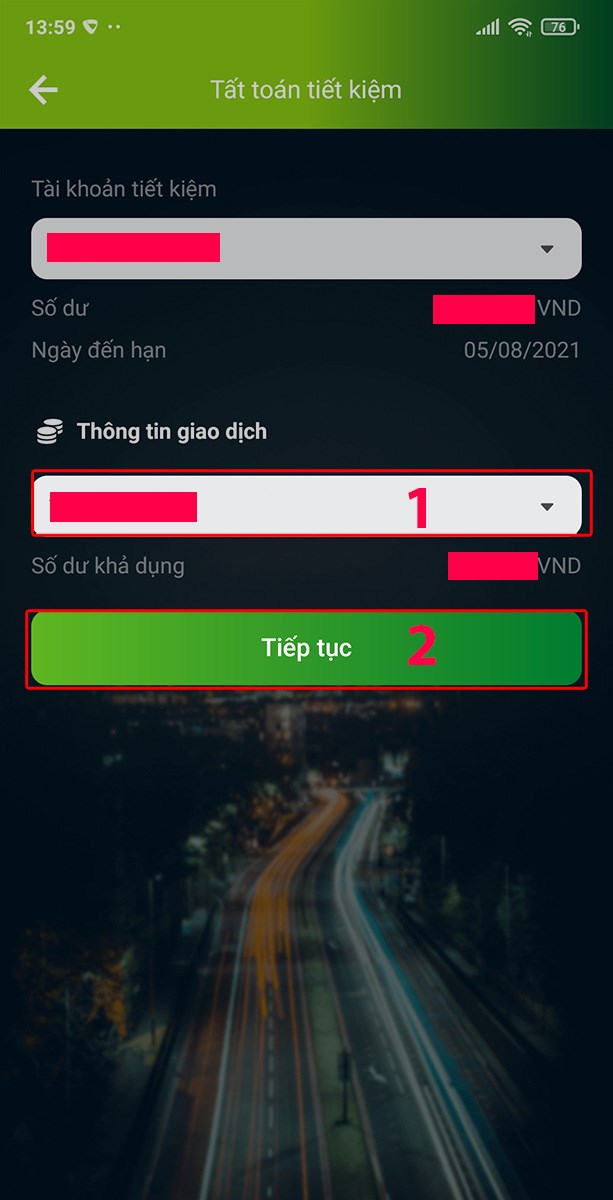 Bạn chọn Số tài khoản nhận tại Thông tin giao dịch. Sau đó nhấn Tiếp tục. Bạn chọn Số tài khoản nhận tại Thông tin giao dịch. Sau đó nhấn Tiếp tục.