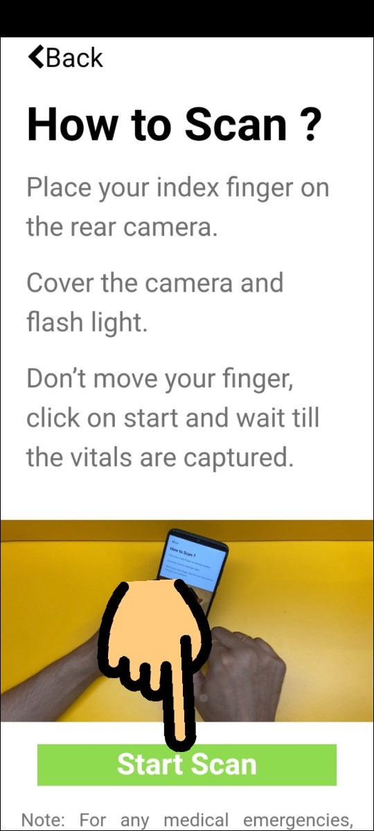 Nhấn Start Scan và đặt ngón trỏ vào camera sau Nhấn Start Scan và đặt ngón trỏ vào camera sau