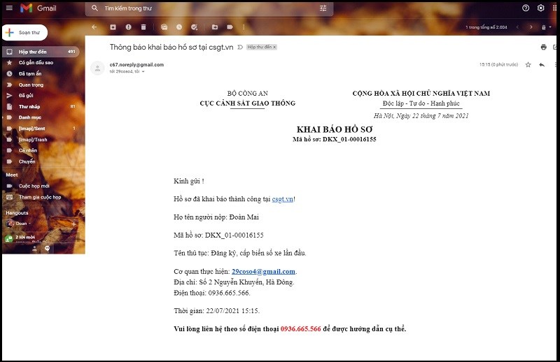 Truy cập vào mail đã điền trong form đăng kí để xem thư Thông báo khai báo hồ sơ tại csgt.vn Truy cập vào mail đã điền trong form đăng kí để xem thư Thông báo khai báo hồ sơ tại csgt.vn