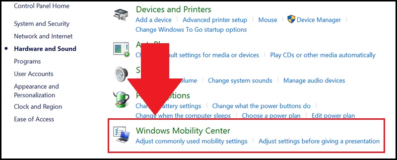 Chọn Windows Mobility Center