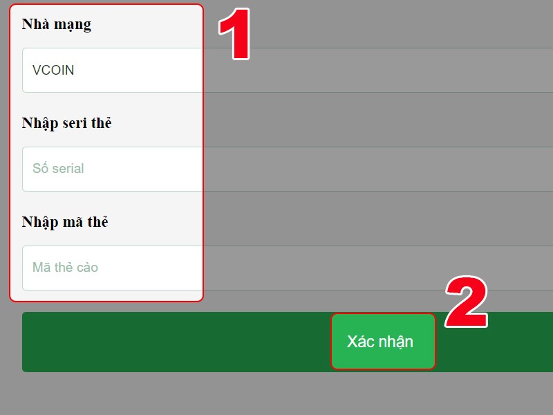 Nhập thông tin thẻ game Nhập thông tin thẻ game