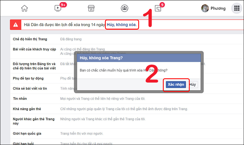 Hủy xóa trang Facebook