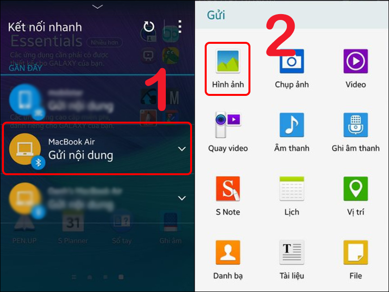 Chọn thiết bị nhận và loại nội dung muốn gửi