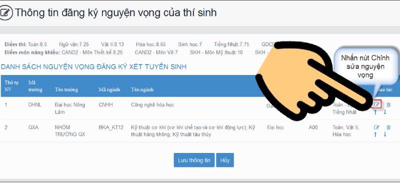 Nhấn nút Chỉnh sửa nguyện vọng Nhấn nút Chỉnh sửa nguyện vọng