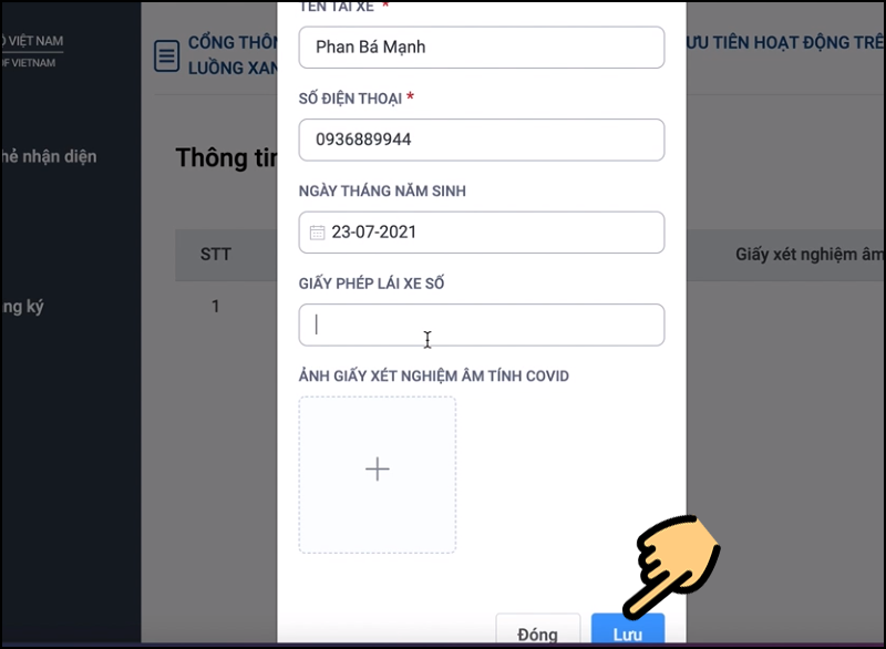 Điền các thông tin của tài xế Điền các thông tin của tài xế