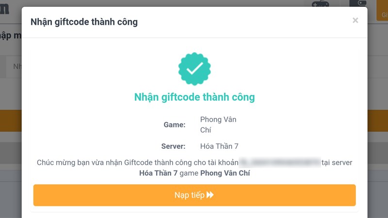 Thông báo xác nhận nhập code thành công Thông báo xác nhận nhập code thành công