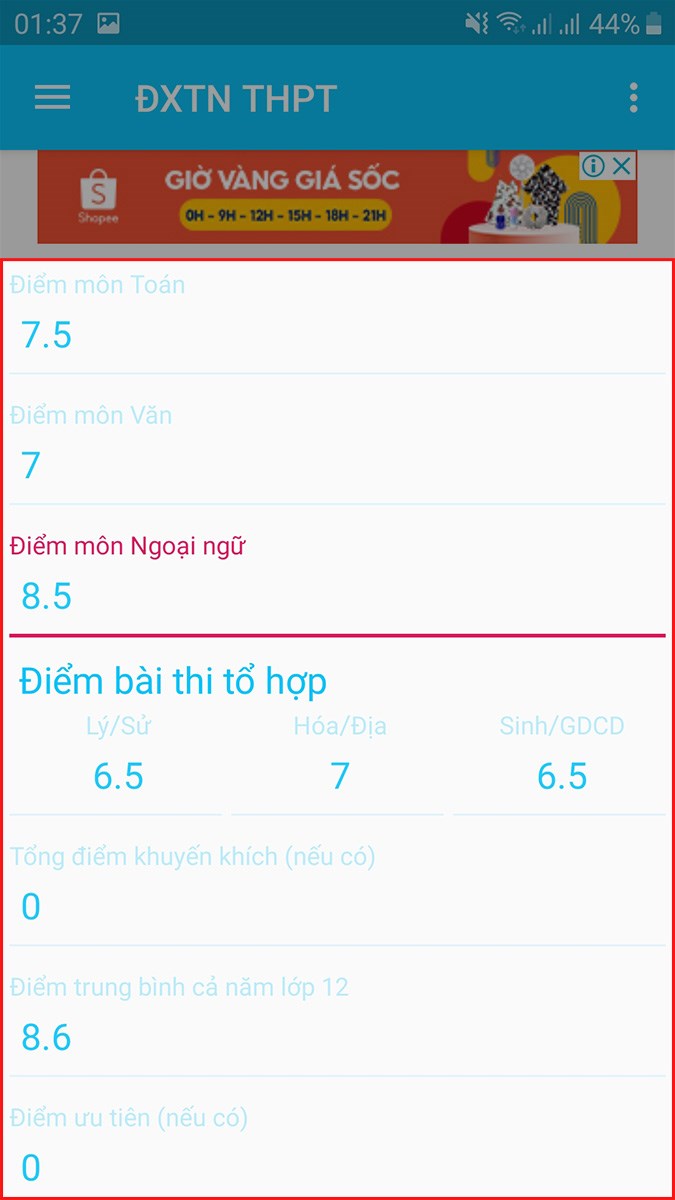 Nhập điểm của các môn thi, tổng điểm khuyến khích, điểm trung bình cả năm lớp 12, điểm ưu tiên Nhập điểm của các môn thi, tổng điểm khuyến khích, điểm trung bình cả năm lớp 12, điểm ưu tiên