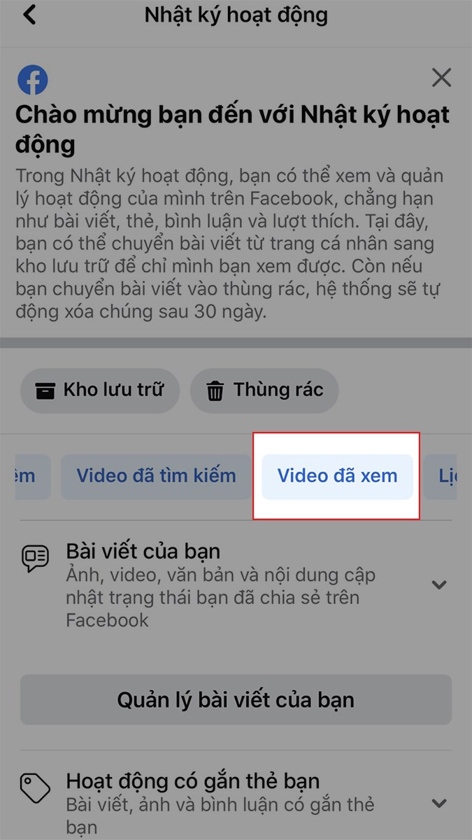 Kéo các tùy chọn sang trái, chọn Video đã xem Kéo các tùy chọn sang trái, chọn Video đã xem