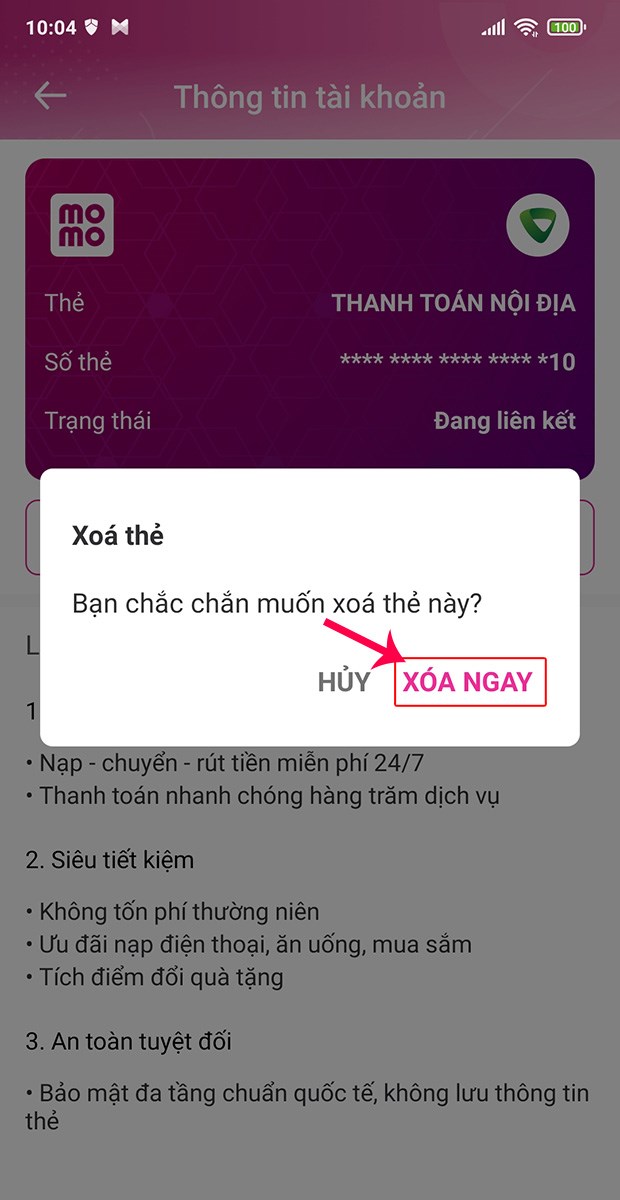 Chọn Xóa ngay ở bảng thông báo. Chọn Xóa ngay ở bảng thông báo.