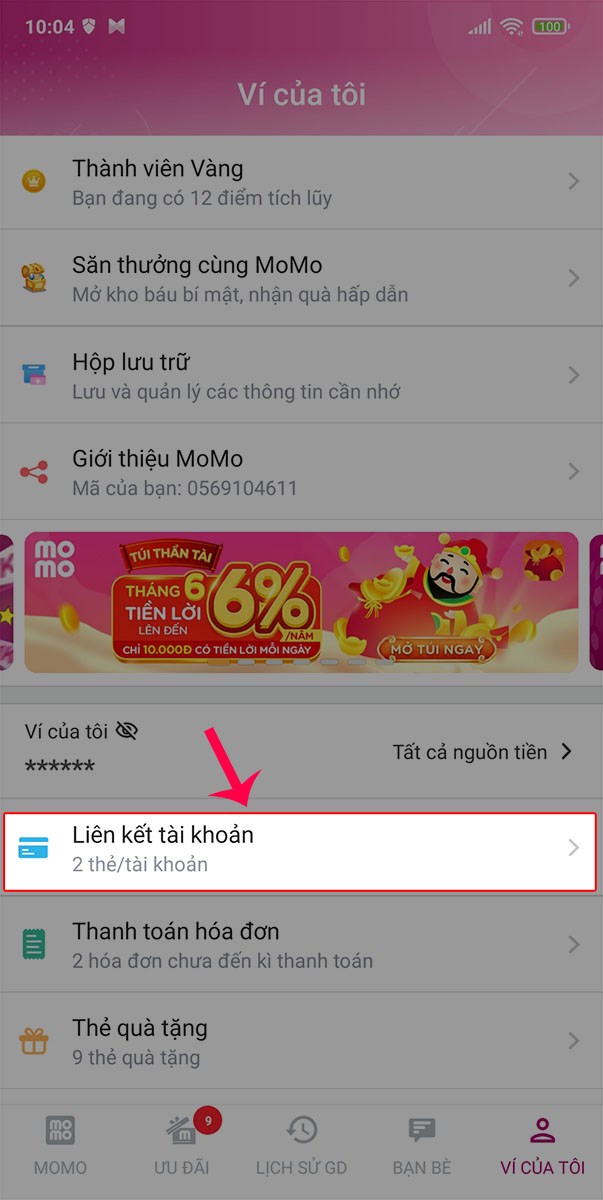 Chọn mục Liên kết tài khoản. Chọn mục Liên kết tài khoản.