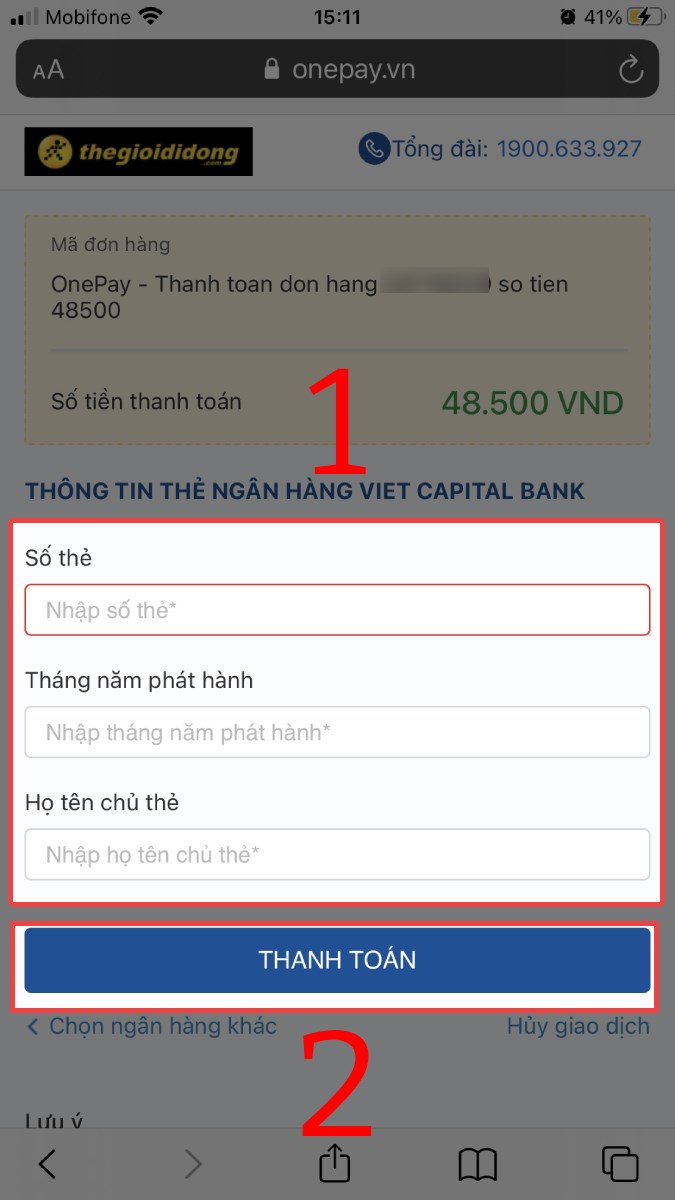 Nhập Số thẻ, Tháng năm phát hành, Họ tên chủ thẻ rồi nhấn nút Thanh toán Nhập Số thẻ, Tháng năm phát hành, Họ tên chủ thẻ rồi nhấn nút Thanh toán