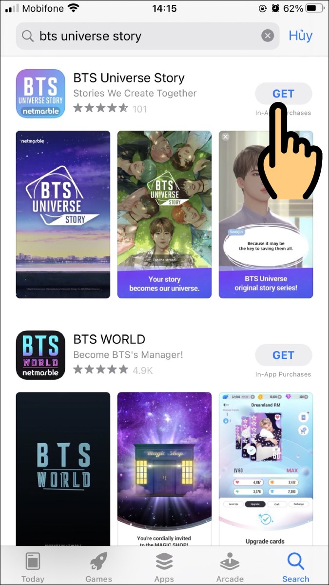 Nhập từ khóa bts universe story, nhấn chọn GET Nhập từ khóa bts universe story, nhấn chọn GET
