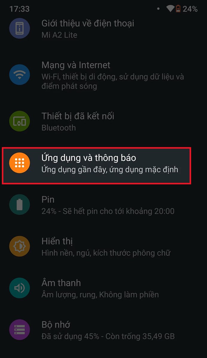 Vào mục Ứng dụng và thông báo trong phần cài đặt Vào mục Ứng dụng và thông báo trong phần cài đặt