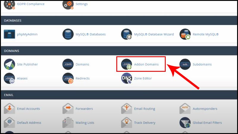 Mở Addon Domain sau khi truy cập cPanel