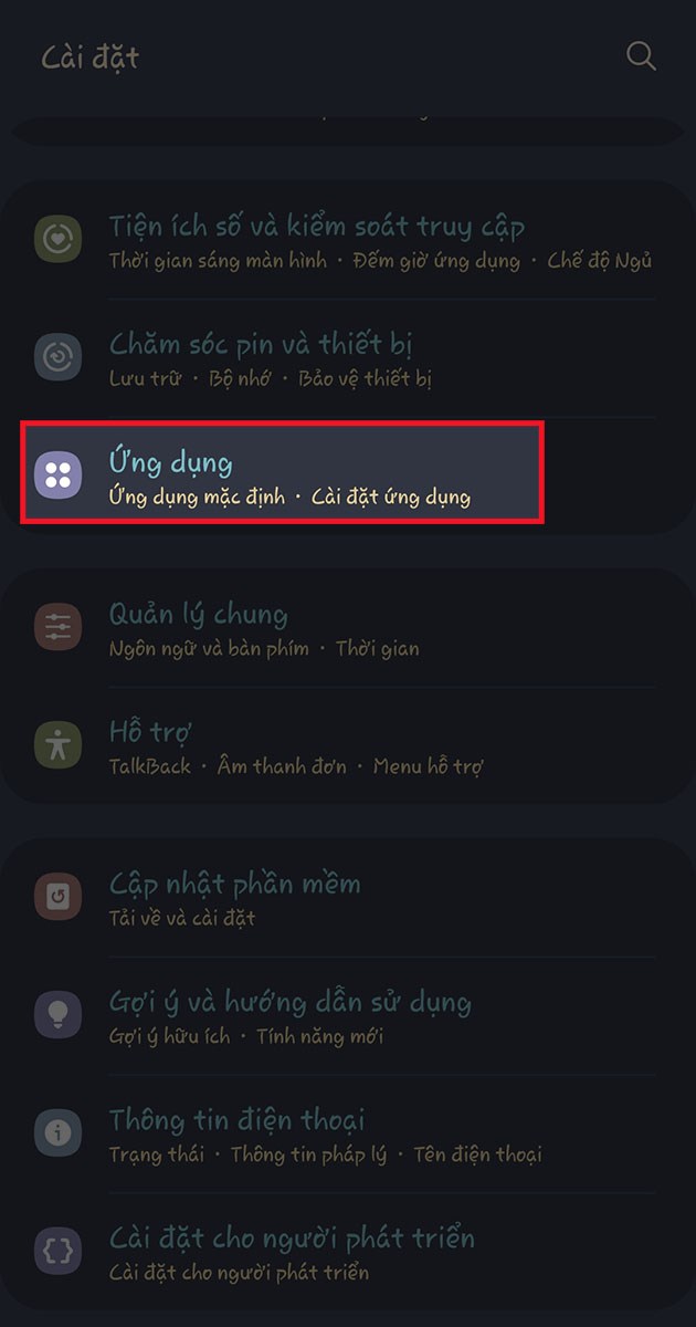 Vào mục ứng dụng trong phần cài đặt Vào mục ứng dụng trong phần cài đặt