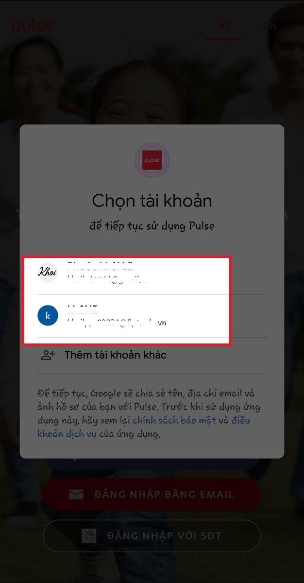 Chọn tài khoản Google mà bạn muốn liên kết Chọn tài khoản Google mà bạn muốn liên kết