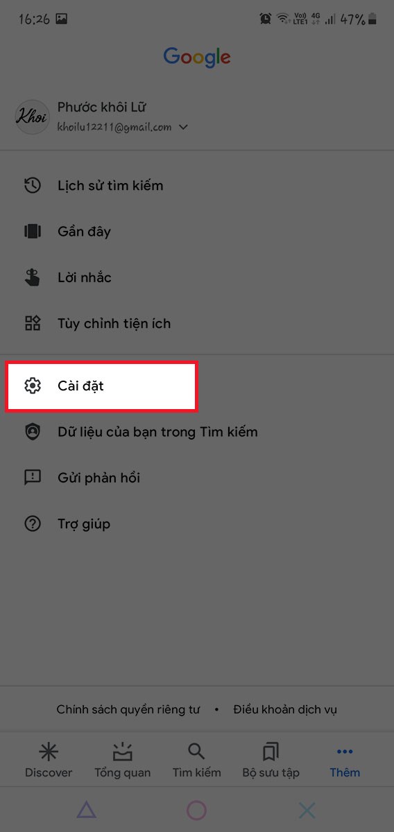 Chọn cài đặt Chọn cài đặt