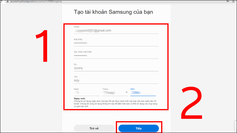 Nhập thông tin rồi chọn Tiếp