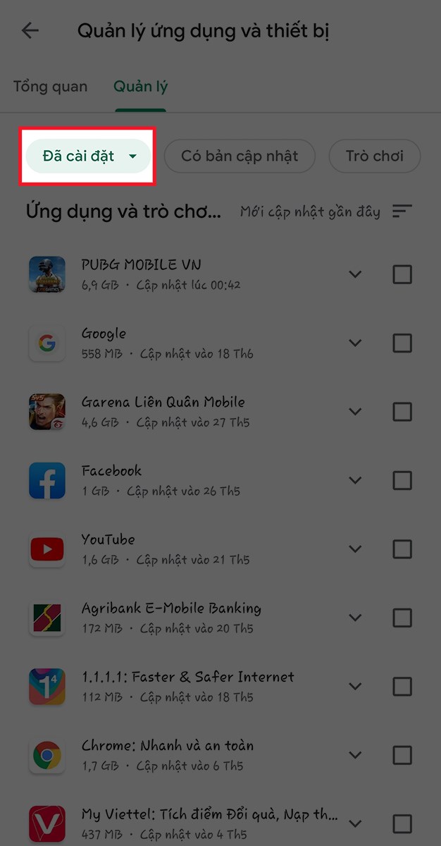 Chọn tab Đã cài đặt để xem những ứng dụng đã tải Chọn tab Đã cài đặt để xem những ứng dụng đã tải