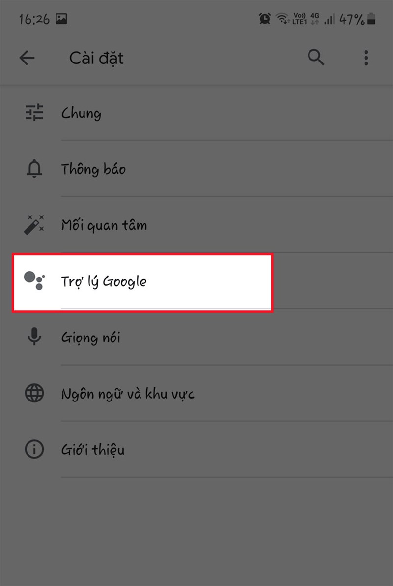 Chọn mục Trợ lý Google Chọn mục Trợ lý Google