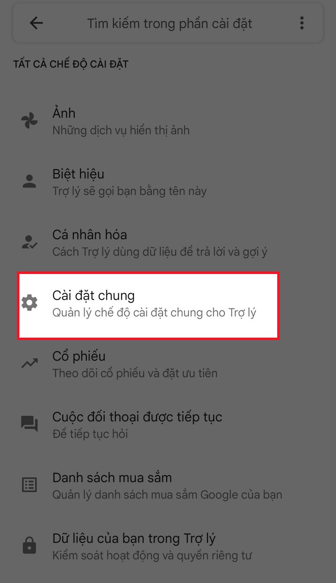Chọn cài đặt chung Chọn cài đặt chung