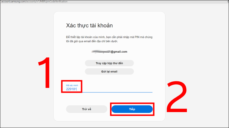 Nhập Mã xác minh và chọn Tiếp