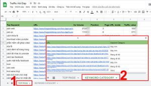 Bảng dữ liệu gồm 2 trang tính TOP PAGE và KEYWORD CATEGORY