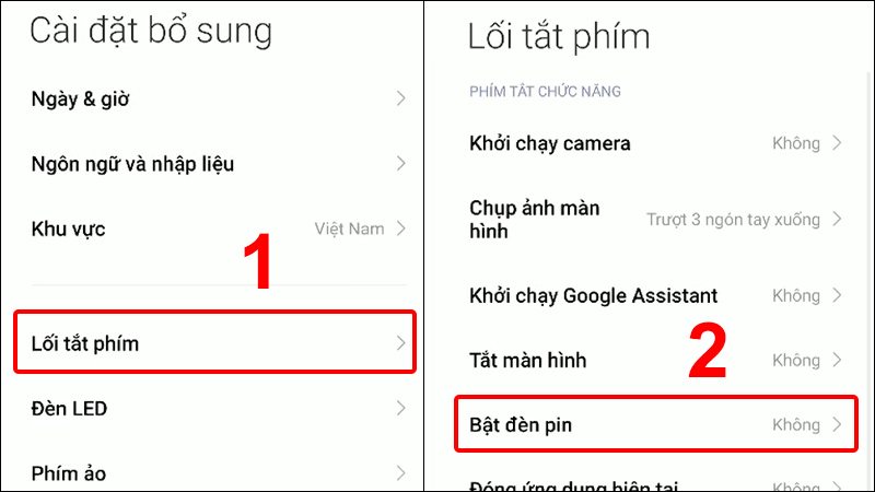 Vào Lối tắt phím và chọn Bật đèn pin