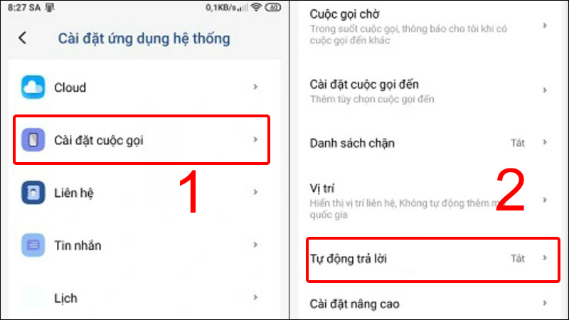 Chọn Tự động trả lời tại Cài đặt cuộc gọi