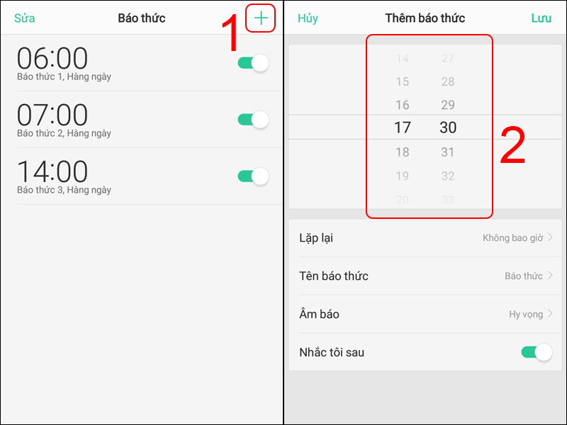 Chọn biểu tượng dấu + và lướt lên/xuống để cài đặt giờ báo thức
