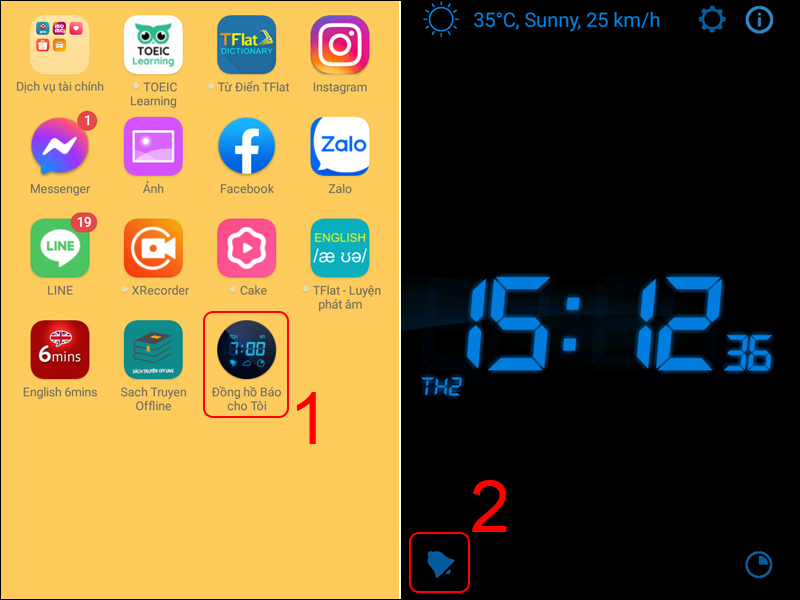 Mở ứng dụng và chọn biểu tượng chuông báo thức