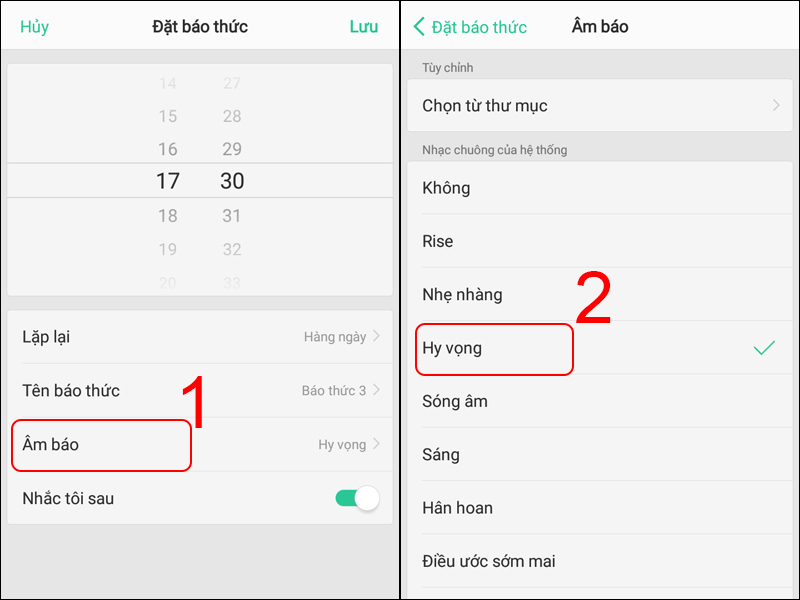 Chọn Âm báo và chọn những nhạc chuông có sẵn của hệ thống