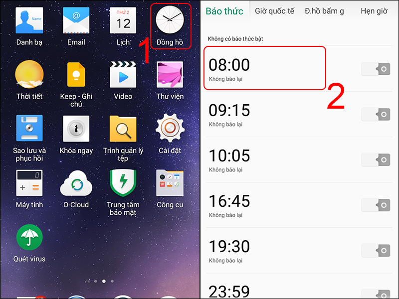 Vào Đồng hồ và chọn báo thức mà bạn muốn tăng giảm âm lượng
