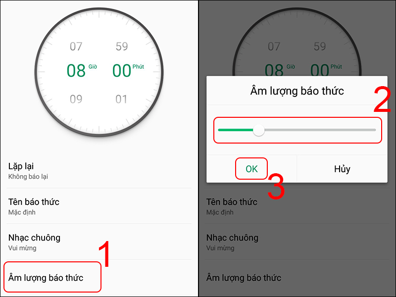 Chọn Âm lượng báo thức và kéo thanh sang trái/phải để điều chỉnh âm lượng rồi nhấn OK